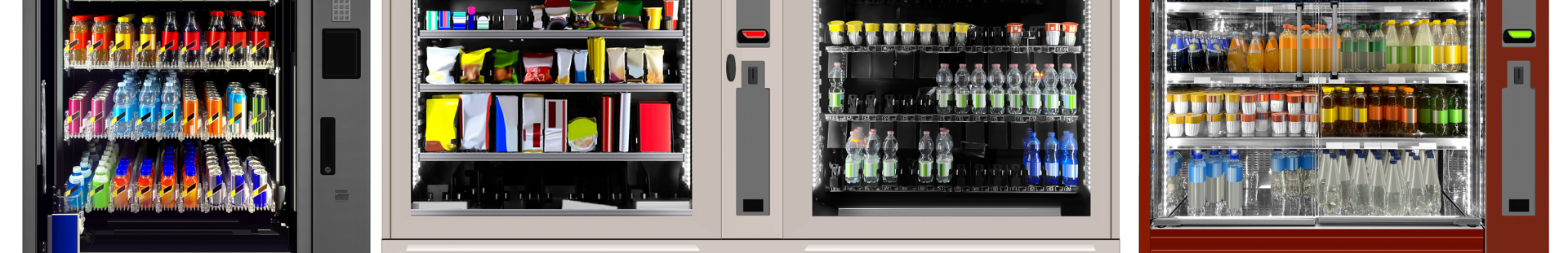 Colorful vending machines with snacks and drinks